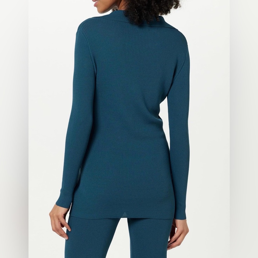 Teal Button-Up Ribbed Women Top - Picture 3 of 10